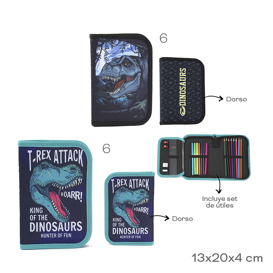 CARTUCHERA CON ÚTILES TRENDY 52587 DINOSAURIO NEGRO