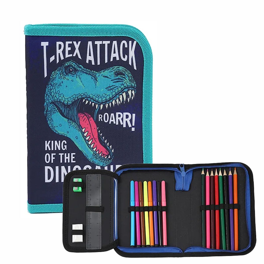 CARTUCHERA CON ÚTILES TRENDY 52587 DINOSAURIO AZUL