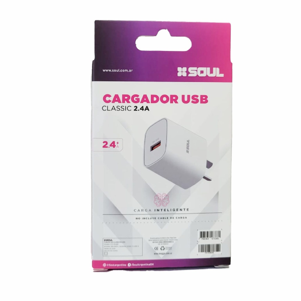 CARGADOR USB SOUL CLASSIC CVJ-XUSB1BL 2.4A SIN CABLE
