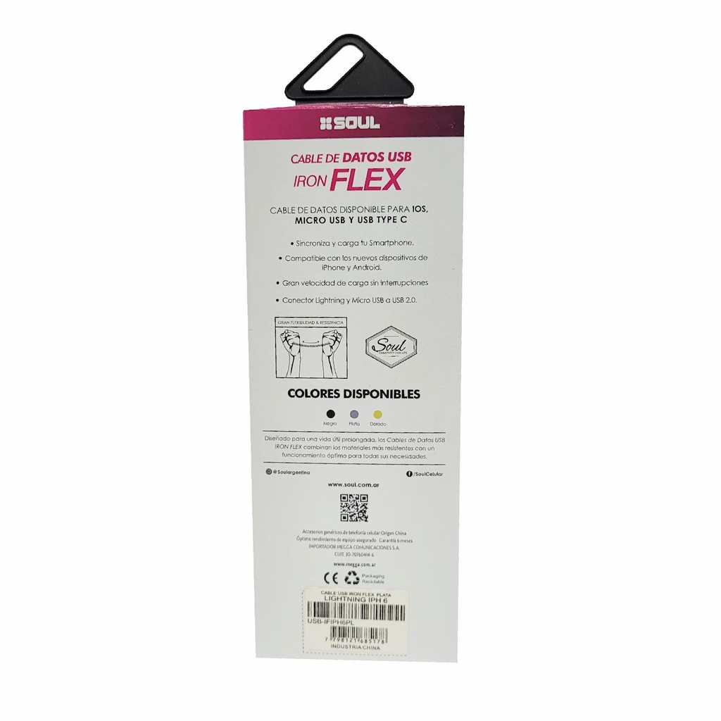 CABLE DE DATOS SOUL IRON FLEX LIGHTNING PLATA