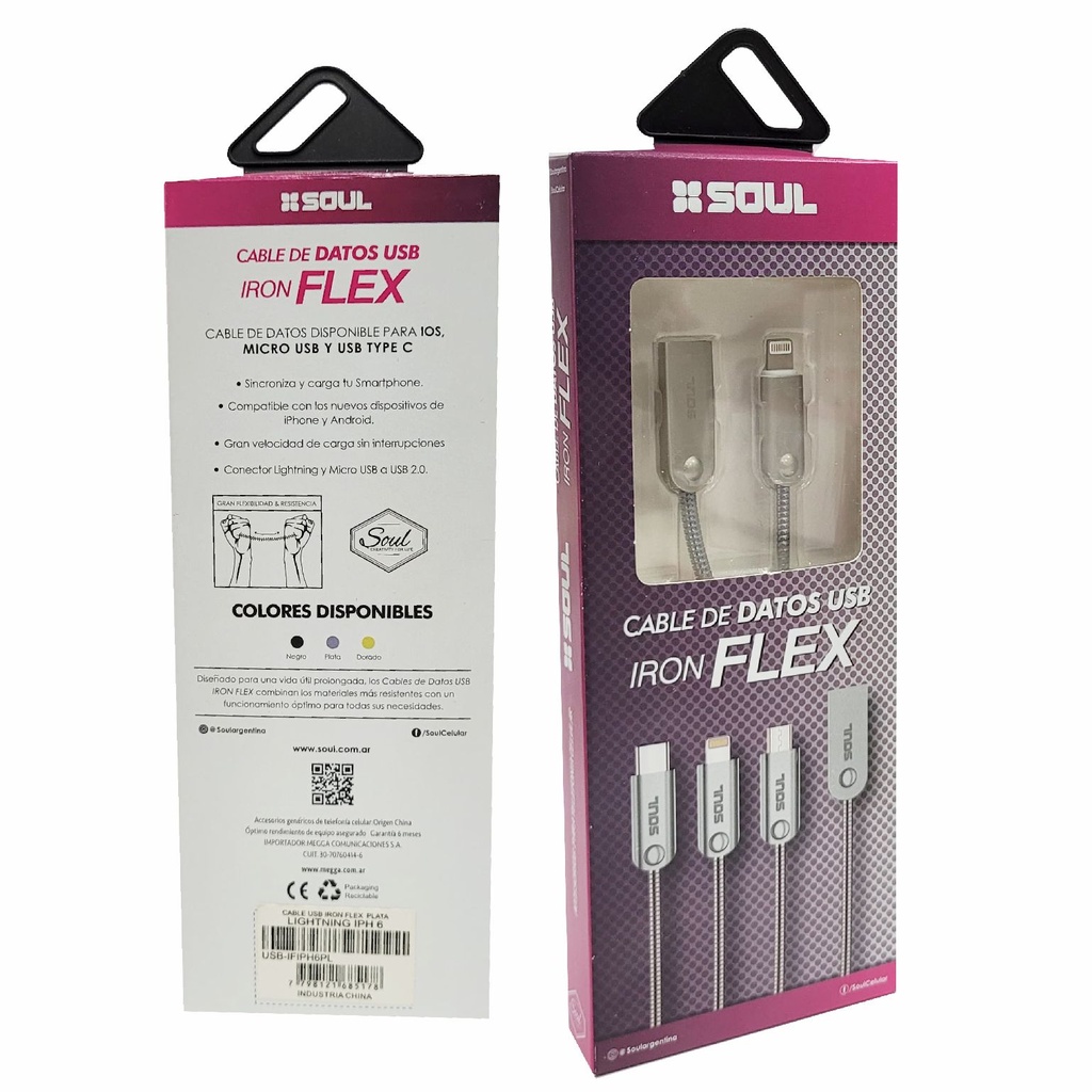CABLE DE DATOS SOUL IRON FLEX LIGHTNING PLATA