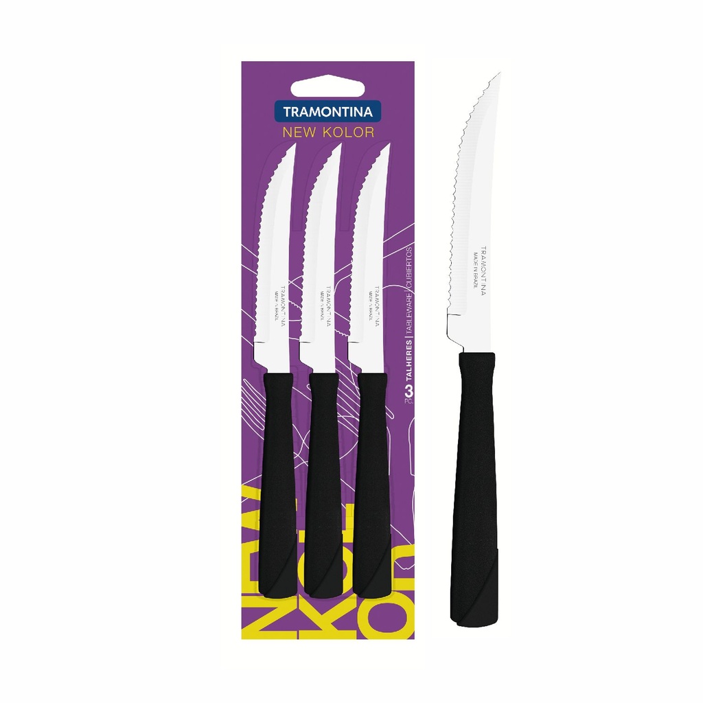 CUCHILLO DE MESA TRAMONTINA 23160/304 NEW KOLOR 3PZS NEGRO