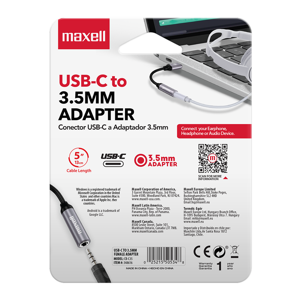 ADAPTADOR MAXELL CB-C35 USB-C A 3.5MM