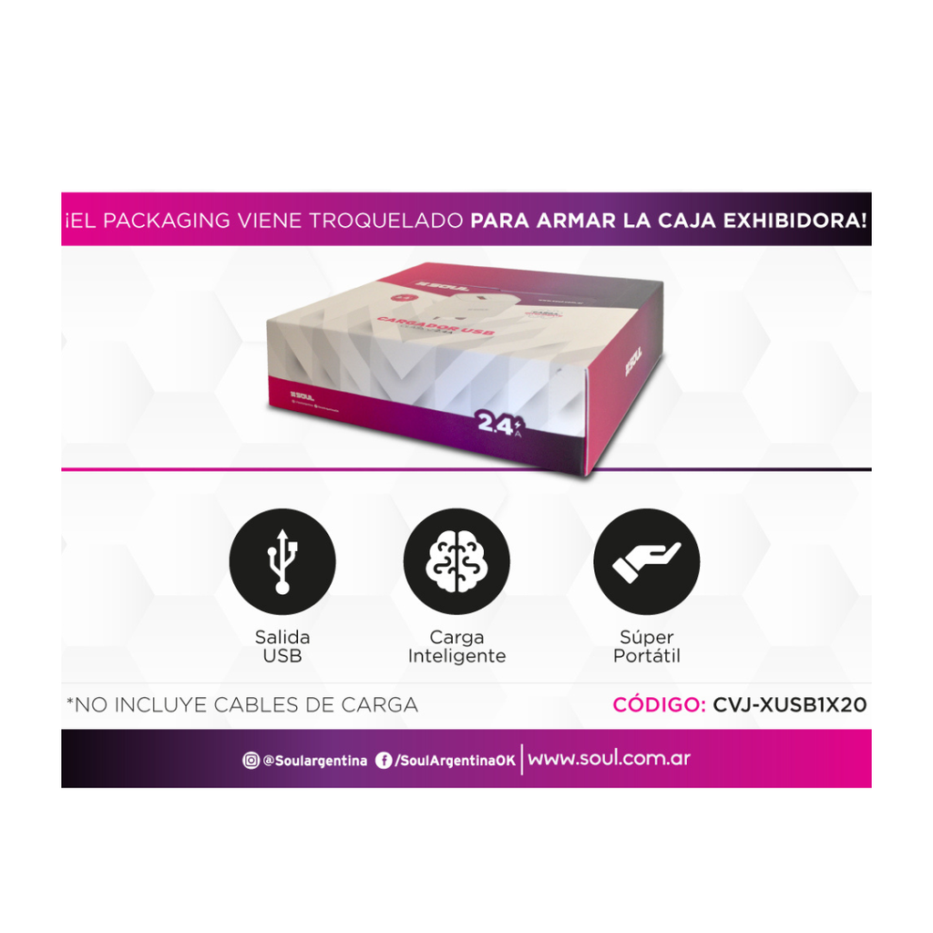 CARGADOR USB SOUL CLASSIC CVJ-XUSB1x20 2.4A SIN CABLE