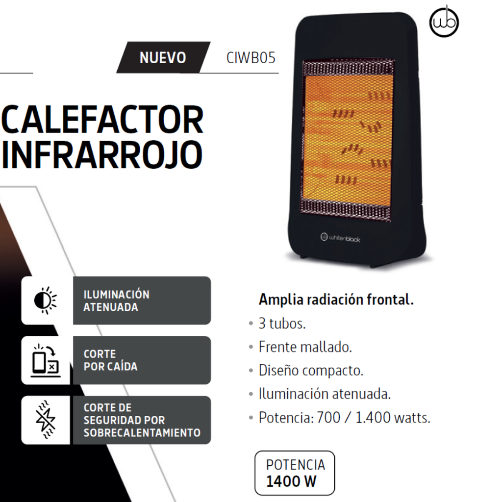 CALEFACTOR WHITENBLACK WBCIWB05 INFRAROJO 3 TUBOS