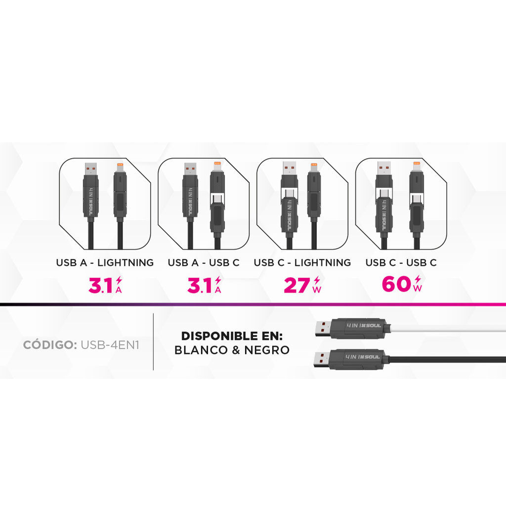 CABLE DE DATOS SOUL 4 EN 1 USB-4EN1NE PD 60w CON DISPLAY