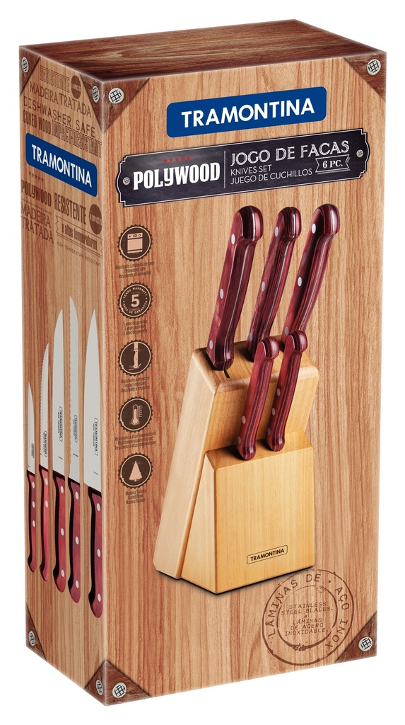 JUEGO CUCHILLOS TRAMONTINA 21199/783 POLYWOOD 6PZS CON TACO MADERA ROJO