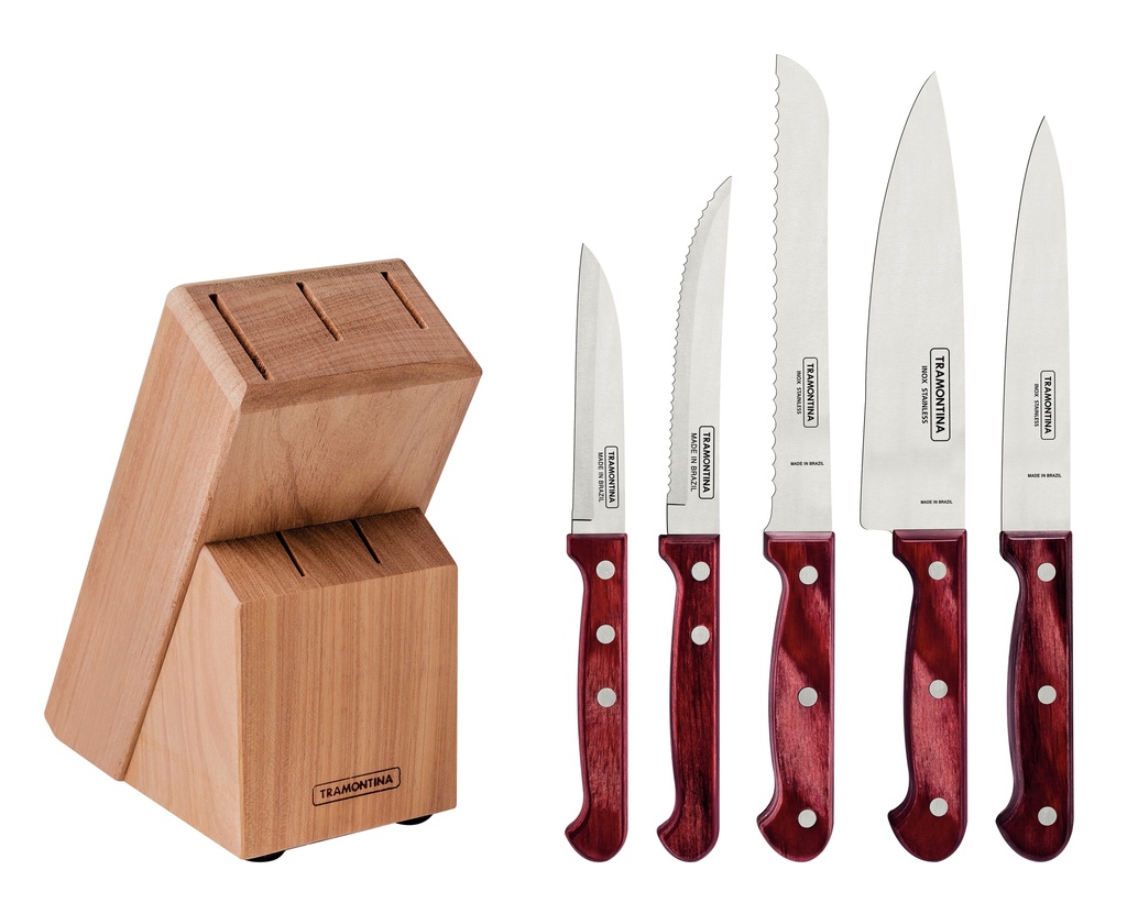 JUEGO CUCHILLOS TRAMONTINA 21199/783 POLYWOOD 6PZS CON TACO MADERA ROJO