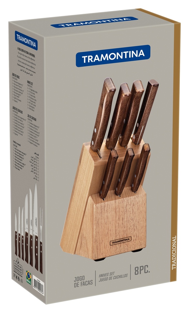 JUEGO CUCHILLOS TRAMONTINA 22299/026 TRADICIONAL 8PZS CON TACO MADERA NATURAL