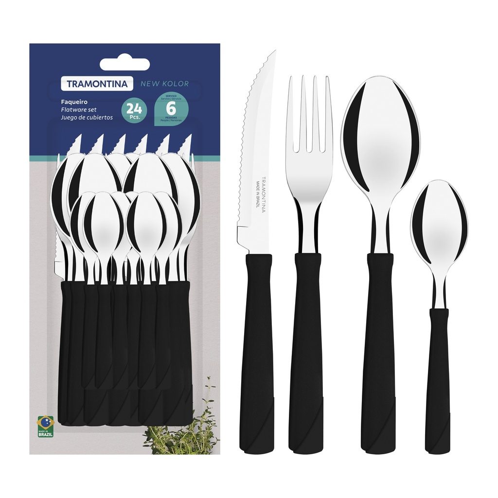 JUEGO DE CUBIERTOS TRAMONTINA 23198/094 NEW KOLOR 24PZS NEGRO